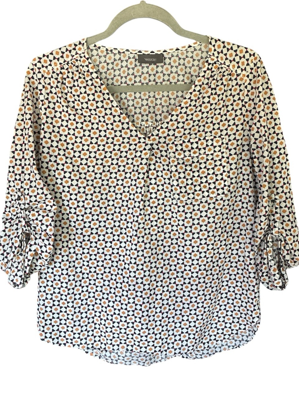 Cream Geometric V-Neck Blouse